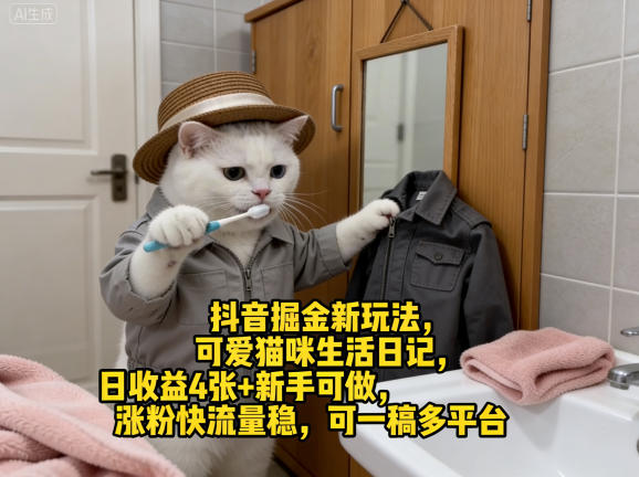 抖音掘金新玩法,可爱猫咪生活日记,日收益4张+新手可做,涨粉快流量稳,可一稿多平台-智云网