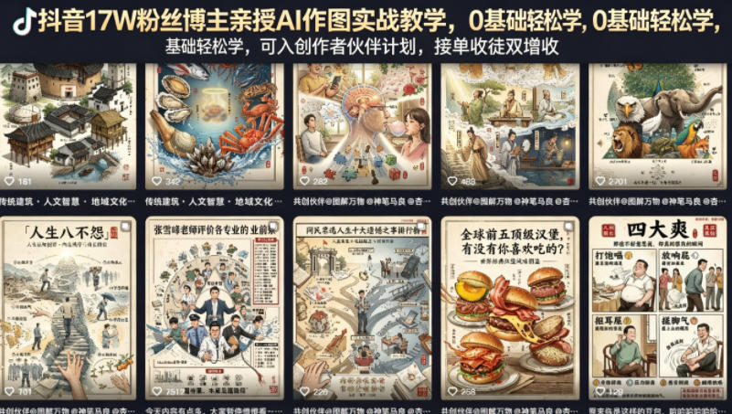 抖音17W粉丝博主亲授AI作图实战教学,0基础轻松学,可入创作者伙伴计划,接单收徒双增收-智云网