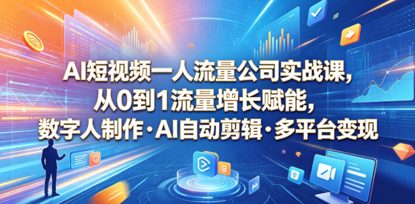 AI短视频一人流量公司实战课，从0到1流量增长赋能，数字人制作・AI自动剪辑・多平台变现，一人做流量生意全落地教程-智云网