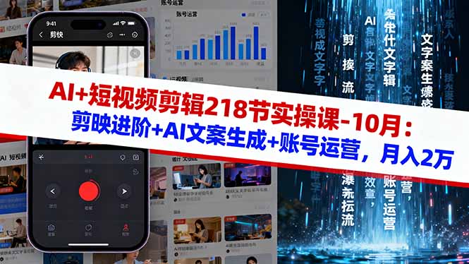 AI+短视频剪辑218节实操课-10月：剪映进阶+AI文案生成+账号运营，月入2万-智云网
