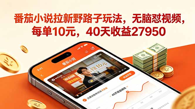 番茄小说拉新野路子玩法,无脑怼视频,每单10元,40天收益27950-智云网