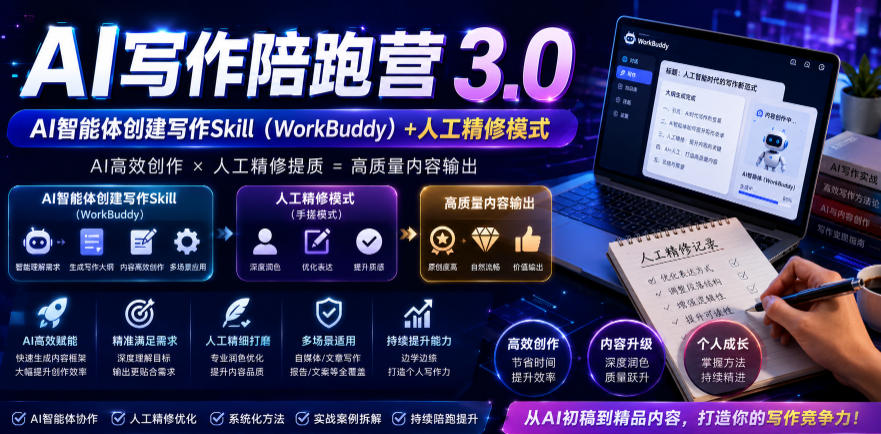 AI写作陪跑营3.0，Ai智能体创建写作skill（workbuddy）+人工手写模式（手搓模式），去除AI痕迹（头条号、公众号、百家号）-智云网