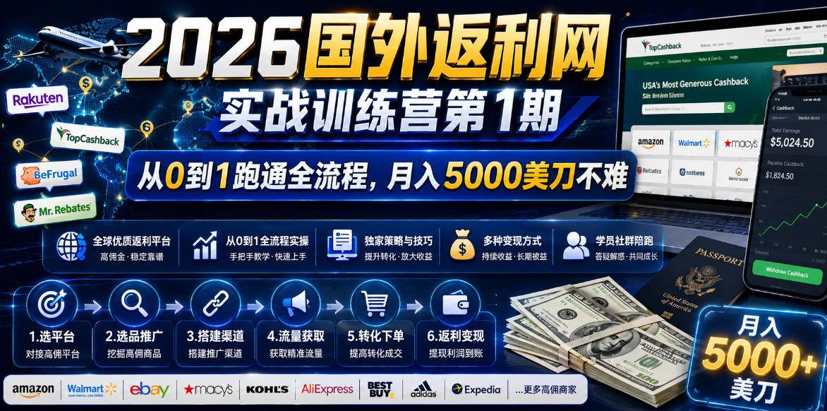 (18807期)2026国外返利网实战变现营-第一期,从零拆解项目逻辑与流程,跑通完整变现链路,月入5000美金-智云网