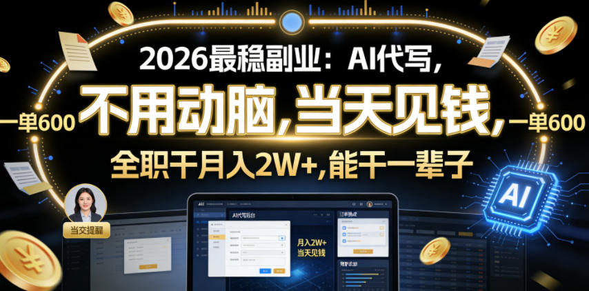 2026最稳副业：AI代写，不用动脑，当天见钱，一单600，全职干月入2W+，能干一辈子【揭秘】-智云网