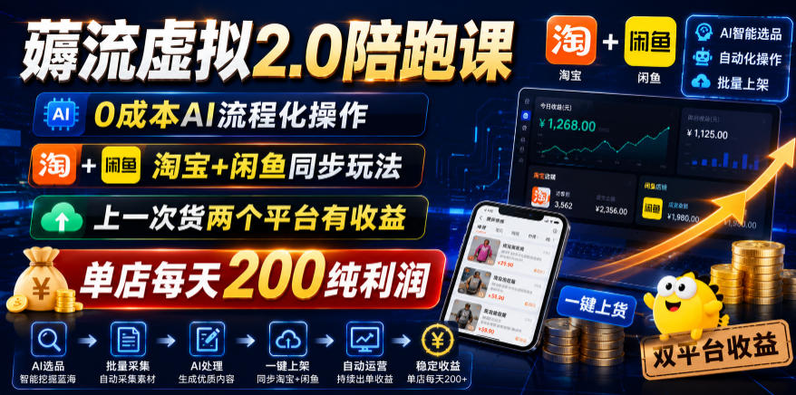 薅流虚拟2.0陪跑课，0成本AI流程化操作，淘宝+闲鱼同步玩法，上一次货两个平台有收益，单店每天200纯利润-智云网