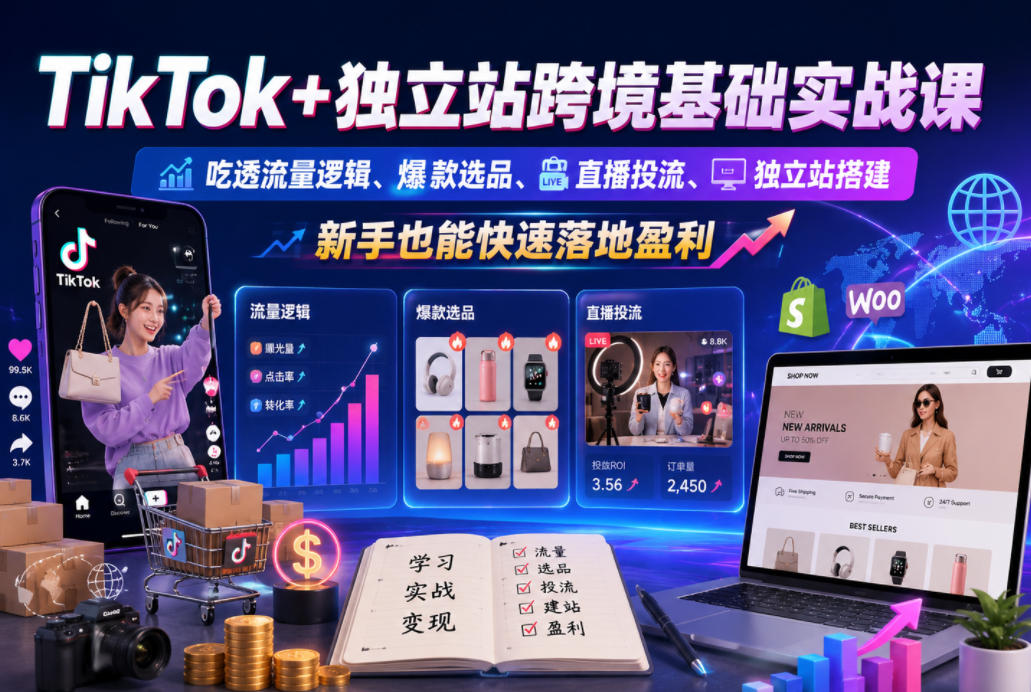 TikTok+独立站跨境基础实战课，吃透流量逻辑、爆款选品、直播投流与独立站搭建，新手也能快速落地盈利-智云网