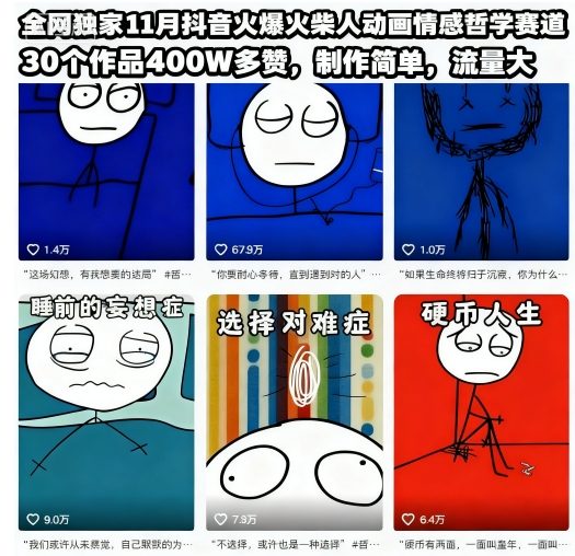 全网独家11月抖音火爆火柴人动画情感哲学赛道，30个作品400W多赞，制作简单，流量大【教学+素材】-智云网