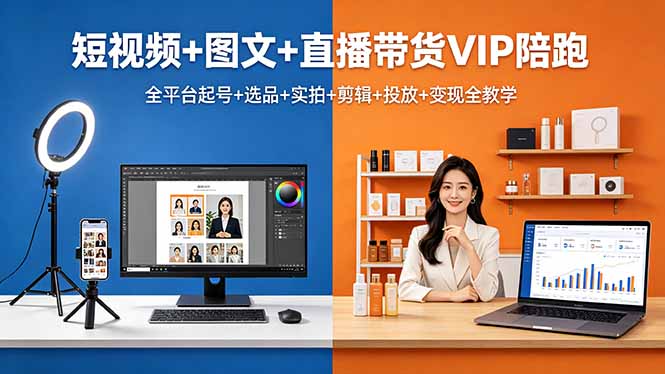 短视频+图文+直播带货VIP陪跑,全平台起号+选品+实拍+剪辑+投放+变现全教学-智云网