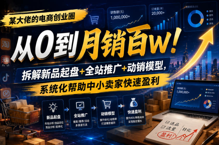 某大佬的电商创业圈从0到月销百W！拆解新品起盘+全站推广+动销模型，系统化帮助中小卖家快速盈利-智云网