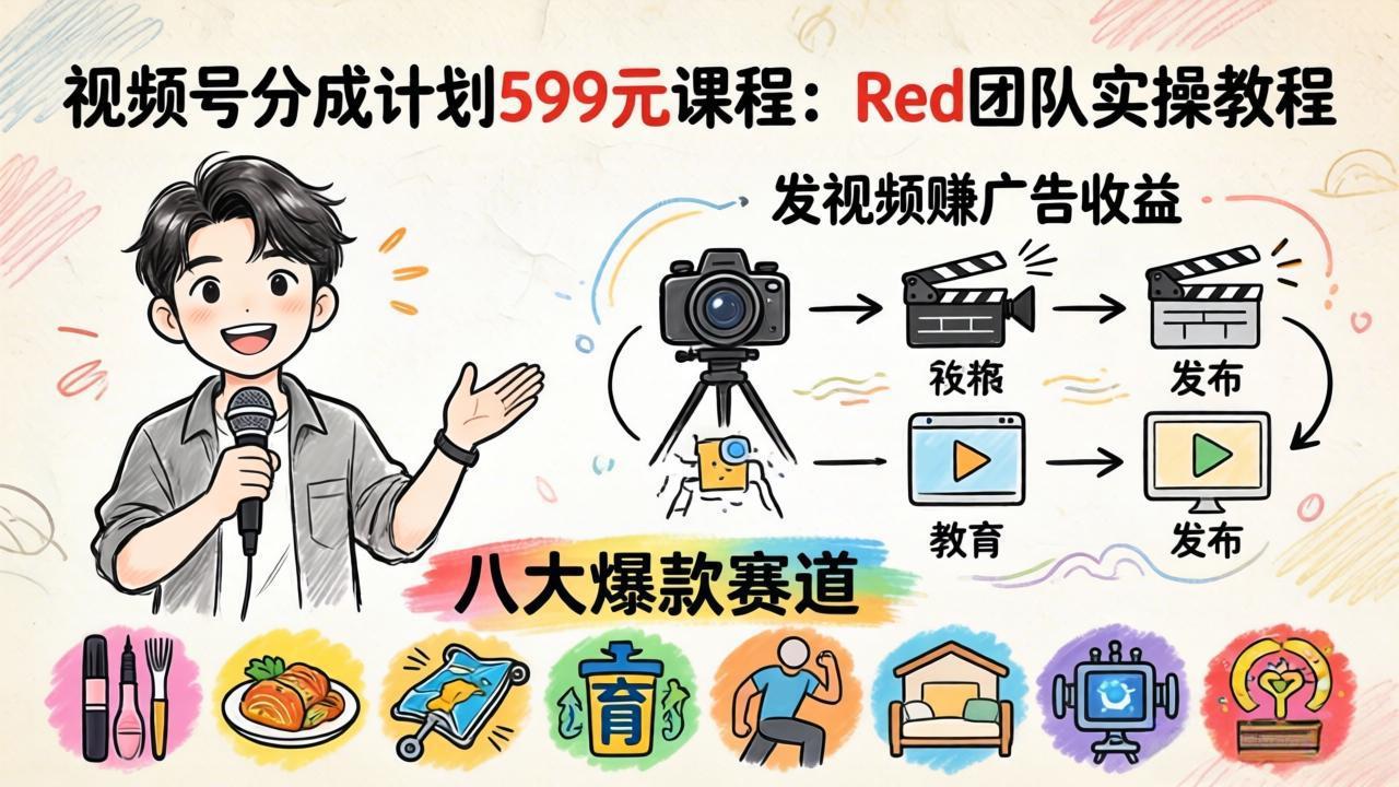 视频号分成计划599元课程:Red团队实操教程,发视频赚广告收益,八大爆款赛道全掌握-智云网